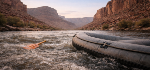 A raft drifting through river rapids in a canyon, symbolizing learning to hold on during uncertain or difficult moments.