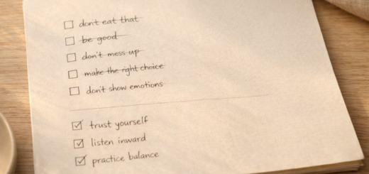 A softly lit handwritten checklist with phrases like “be good” and “don’t mess up” lightly crossed out, and items like “trust yourself” checked, symbolizing the process of letting go of internal pressure and learning self-trust.