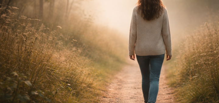 A person walking along a quiet path that fades into soft light and mist, capturing the feeling of moving forward even when you’re not sure you got it right.