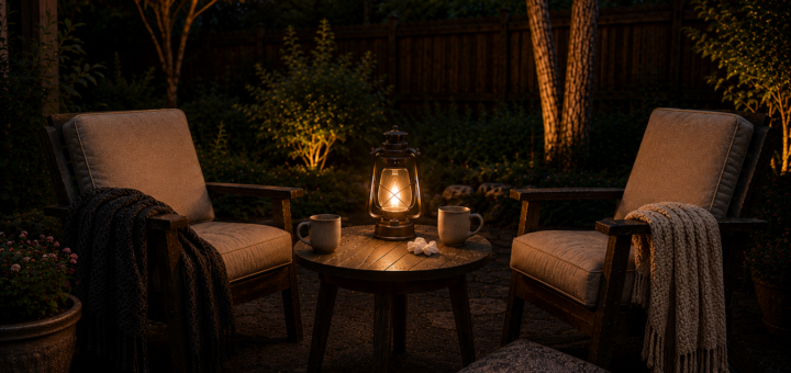 Two outdoor chairs facing each other on a softly lit patio at dusk, with a lantern, mugs, and tissues on a small table between them.
